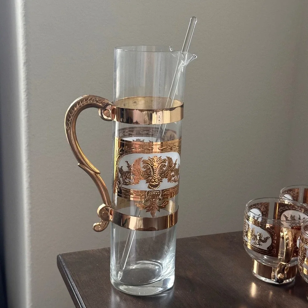 Vintage 22K Gold Filigree Glass Pitcher and 6 Mug Set with Stirrer MCM Barware
